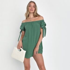 Lulu’s Al Fresco Evenings Olive Green Off-the-Shoulder Dress